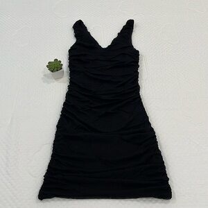 Express | Black Ruched Bodycon Dress with Black Mesh Overlay